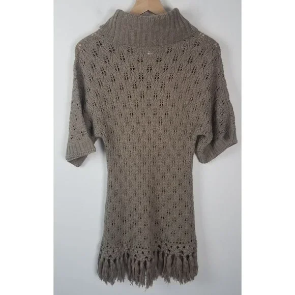 Kenar Women's Sz. M Tan Wool Blend Cowl Neck Short Sleeve Fringe Detail Sweater - Picture 6 of 8